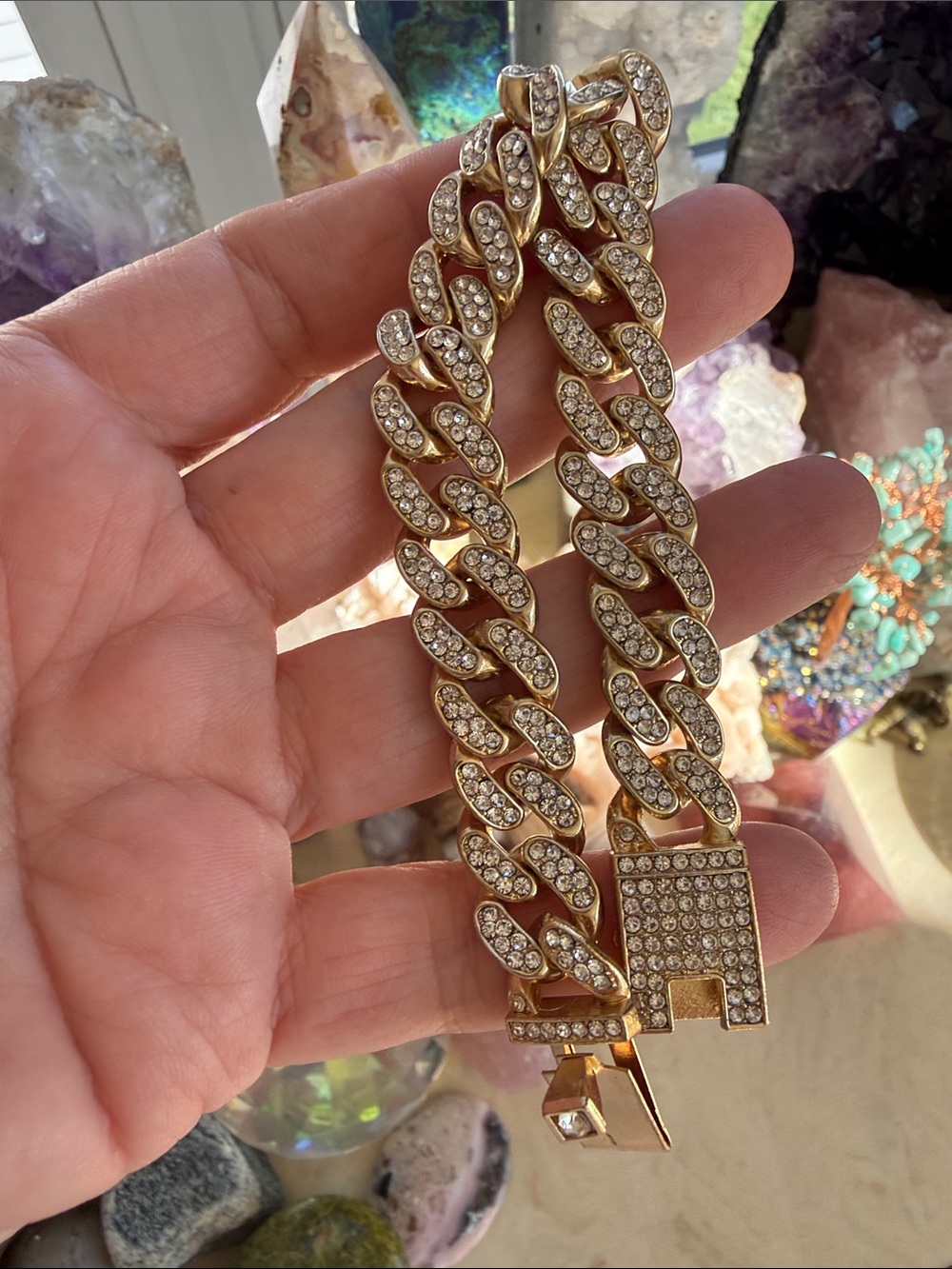 Gold Chunky Crystal Cuban Link Bracelet - Elegant Women's Jewelry